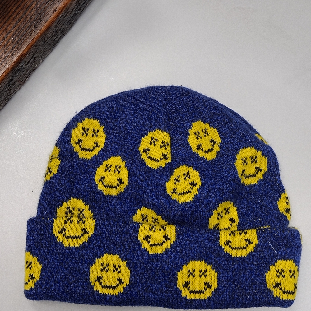 BDG Kids Blue and Yellow Smiley Beanie